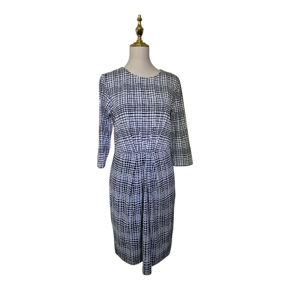 J.McLaughlin Dress L Black White Geometric Print 3/4 Sleeve Stretch Sheath